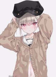 Rule 34 | 1girl, arms up, black hat, blush, brown cardigan, brown hair, cabbie hat, cardigan, closed mouth, collarbone, commentary request, crop top, grey background, hair between eyes, hat, highres, kakoto, long sleeves, looking at viewer, navel, original, red eyes, sailor collar, school uniform, serafuku, shirt, simple background, sleeves past wrists, solo, twintails, twitter username, upper body, white sailor collar, white shirt