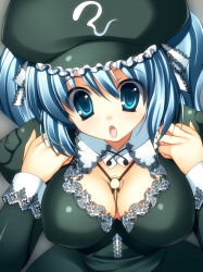 Rule 34 | 1girl, :o, between breasts, blue eyes, blue hair, breasts, cleavage, embellished costume, female focus, frills, hat, kawashiro nitori, key, lace, large breasts, matching hair/eyes, no bra, solo, takeda aranobu, touhou, twintails, two side up