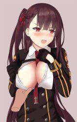 Rule 34 | 1girl, assisted exposure, between breasts, black gloves, black jacket, blazer, blunt bangs, blush, braid, breasts, buttons, cleavage, cross, disembodied hand, girls&#039; frontline, gloves, hair over shoulder, hair ribbon, half updo, jacket, large breasts, long hair, long sleeves, looking to the side, necktie, necktie between breasts, open clothes, open mouth, open shirt, purple hair, red eyes, red neckwear, red ribbon, ribbon, round teeth, shirt, side ponytail, simple background, striped clothes, striped jacket, teeth, tomohiro (duo), upper body, v-shaped eyebrows, vertical-striped clothes, vertical-striped jacket, very long hair, wa2000 (girls&#039; frontline), white shirt