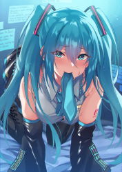 Rule 34 | all fours, bare shoulders, bent over, blue eyes, blue hair, blush, breasts, button gap, detached sleeves, embarrassed, hanging breasts, hatsune miku, highres, in mouth, inue ao, large breasts, looking at viewer, mouth hold, naughty face, solo, sweatdrop, thighhighs, twintails, vocaloid, zettai ryouiki