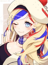 Rule 34 | 1girl, anchor hair ornament, beret, blonde hair, blue hair, border, brown background, commandant teste (kancolle), commentary request, hair ornament, hat, highres, kantai collection, kozu (bloomme1 me), long hair, looking at viewer, multicolored clothes, multicolored hair, multicolored scarf, one-hour drawing challenge, one eye closed, plaid, plaid scarf, pom pom (clothes), ponytail, red hair, scarf, solo, streaked hair, swept bangs, twitter username, upper body, wavy hair, white border