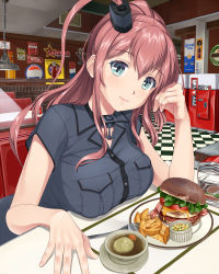 Rule 34 | 1girl, blue eyes, blush, breast rest, breasts, brown hair, burger, checkered floor, closed mouth, diner, food, fork, hair between eyes, hammerman benkei, indoors, kantai collection, large breasts, light smile, long hair, looking at viewer, one side up, potato wedges, saratoga (kancolle), short sleeves, sidelocks, sitting, smile, solo, soup