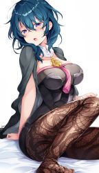Rule 34 | 1girl, :o, bad id, bad pixiv id, black cape, black pantyhose, black shorts, blue eyes, blue hair, blush, breasts, brown pantyhose, byleth (female) (fire emblem), byleth (fire emblem), cape, cleavage cutout, clothing cutout, feet, fire emblem, fire emblem: three houses, hair between eyes, head tilt, highres, impossible clothes, knee up, large breasts, looking at viewer, nintendo, no shoes, open mouth, pantyhose, pantyhose under shorts, ringozaka mariko, short hair, short shorts, shorts, signature, simple background, sitting, solo, tassel, toes, white background