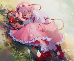 Rule 34 | 1girl, blood, blood on face, bobby socks, cherry blossoms, frilled skirt, frilled sleeves, frills, grass, hand on own head, highres, holding, holding head, holding knife, isshin (kaxz), knife, komeiji satori, long sleeves, lying, mary janes, pink eyes, pink hair, shoes, skirt, socks, solo, third eye, touhou