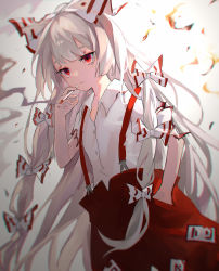 Rule 34 | 1girl, absurdres, bow, burnt clothes, cigarette, closed mouth, collared shirt, fujiwara no mokou, hair bow, hand in pocket, highres, holding, holding cigarette, kani nyan, long hair, pants, red eyes, red pants, shirt, short sleeves, smoke, solo, suspenders, touhou, white bow, white hair, white shirt