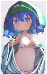 Rule 34 | 1girl, absurdres, bikini, blue eyes, blue hair, blush, border, breasts, chii (tsumami tsumamare), closed mouth, collarbone, commentary, flat cap, green hat, hair between eyes, hair bobbles, hair ornament, hat, highres, kawashiro nitori, medium breasts, medium hair, navel, oppai loli, solo, swimsuit, symbol-only commentary, touhou, two side up, white bikini, white border