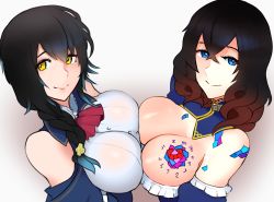 Rule 34 | 2girls, aradia (night of revenge), black hair, bloodstained: ritual of the night, blue eyes, breast press, breasts, cleavage, detached sleeves, dress, gradient hair, highres, large breasts, miriam (bloodstained), multicolored hair, multiple girls, night of revenge, scathegrapes, symmetrical docking, tattoo