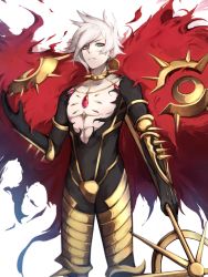 Rule 34 | 1boy, armor, bad id, bad pixiv id, bishounen, blacktheif, blue eyes, cape, chest jewel, collarbone, commentary request, dark skin, fate/grand order, fate (series), highres, jewelry, karna (fate), long fingers, long hair, looking at viewer, male focus, pale skin, red cape, smile, solo, torn cape, torn clothes, weapon, white hair