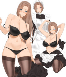Rule 34 | 1girl, apron, arm support, armpits, arms up, bare shoulders, black bra, black dress, black thighhighs, blue eyes, blush, bra, breasts, brown hair, brown thighhighs, cameltoe, cleavage, collarbone, dress, dress around one leg, dressing, edea (throtem), gluteal fold, hair over one eye, hat, head tilt, unworn headwear, highres, kneeling, large breasts, light smile, long hair, looking at viewer, maid, maid apron, mob cap, multiple views, navel, original, panties, parted lips, puffy sleeves, simple background, sitting, spread legs, stomach, strap slip, thighhighs, throtem, tying hair, underboob, underwear, white apron, white background, white headwear, yokozuwari