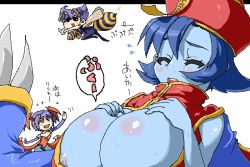 Rule 34 | 3girls, artist request, blue skin, blush, breast expansion, breasts, capcom, cleavage, colored skin, huge breasts, lei lei, lilith aensland, monster girl, multiple girls, nipple slip, nipples, q-bee, simple background, vampire (game)