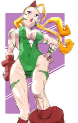 Rule 34 | 1girl, adapted costume, ahoge, beret, blonde hair, boots, breasts, cammy white, camouflage, center opening, cleavage, combat boots, facepaint, gloves, hand on own hip, hat, highres, huge ahoge, large breasts, leotard, long hair, samon (no-va), sideboob, sketch, solo, street fighter, twintails, wrestling outfit