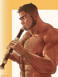Rule 34 | 1boy, abs, arm hair, bara, beard, black hair, brown theme, bulge, buzz cut, chest hair, facial hair, flute, from side, golden kamuy, hairy, instrument, large pectorals, male focus, mature male, muscular, muscular male, music, navel, navel hair, nipples, nopinzo, nude, pectorals, playing flute, playing instrument, short hair, sideburns, solo, stomach, tanigaki genjirou, thick eyebrows, very short hair