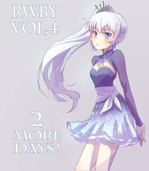 Rule 34 | 1girl, arms behind back, blue eyes, brooch, commentary request, copyright name, dress, earrings, english text, floating hair, from side, grey background, hair ornament, highres, iesupa, jewelry, long hair, long sleeves, looking at viewer, parted lips, ponytail, rwby, sash, scar, scar across eye, serious, short dress, side ponytail, simple background, snowflake print, solo, tiara, weiss schnee, white hair