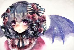 Rule 34 | 1girl, absurdres, bad id, bad pixiv id, bat wings, close-up, drill hair, ginzuki ringo, hair ornament, hairband, highres, lolita fashion, lolita hairband, looking at viewer, parted lips, purple eyes, remilia scarlet, short hair, silver hair, sketch, solo, touhou, wings