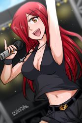 Rule 34 | 1girl, absurdres, alternate costume, arm up, belt, breasts, cleavage, cross, cross necklace, hair over one eye, hamu agaki, highres, jewelry, large breasts, long hair, microphone, nail polish, navel, necklace, open mouth, parasoul (skullgirls), pinky out, red hair, shorts, skullgirls, smile, solo, sweat, tank top, yellow eyes, yellow nails