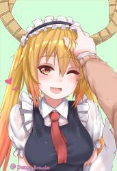 Rule 34 | 10s, 2girls, ;d, blonde hair, blush, breasts, commentary, disco brando, dragon girl, fang, female pov, frills, gloves, green background, headpat, horns, kobayashi-san chi no maidragon, kobayashi (maidragon), large breasts, long hair, looking at viewer, maid, maid headdress, multiple girls, necktie, one eye closed, open mouth, orange eyes, pov, slit pupils, smile, tohru (maidragon), twintails, twitter username, white gloves