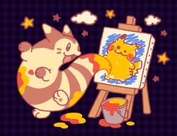 Rule 34 | :3, cloud, creatures (company), easel, furret, game freak, gen 1 pokemon, gen 2 pokemon, leg up, nintendo, no humans, open mouth, paint, paint can, painting (action), painting (object), pikachu, plaid, plaid background, pokemon, puparomi, purple background, smile, spill, standing, standing on one leg, star (symbol)