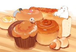 Rule 34 | 4others, artist name, bear, bird, bread, chai (drawingchisanne), cinnamon roll, commentary request, danish pastry, flower, food, food focus, food request, hair flower, hair ornament, hat, highres, loaf of bread, muffin, multiple others, no humans, original, penguin, scarf, sitting on food
