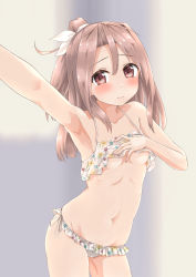 Rule 34 | 1girl, bikini, breasts, brown eyes, collarbone, commentary request, covering privates, covering breasts, cowboy shot, frilled bikini, frills, high ponytail, highres, kantai collection, koda (kodadada), light brown hair, long hair, looking at viewer, lowleg, lowleg bikini, navel, polka dot, polka dot bikini, selfie, side-tie bikini bottom, small breasts, solo, standing, swimsuit, underboob, zuihou (kancolle)