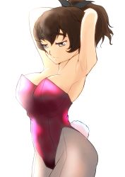 Rule 34 | 1girl, absurdres, adjusting hair, armpits, arms behind head, arms up, bare shoulders, black pantyhose, black ribbon, breasts, brown eyes, brown hair, closed mouth, cowboy shot, fake tail, girls und panzer, hair ribbon, half-closed eyes, highleg, highleg leotard, highres, koyama yuzu, large breasts, leotard, light frown, oekaki ojiisan, one-hour drawing challenge, pantyhose, playboy bunny, purple leotard, rabbit tail, ribbon, short hair, short ponytail, simple background, solo, standing, strapless, strapless leotard, tail, white background