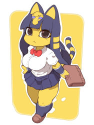 Rule 34 | 1girl, :&lt;, alternate costume, animal crossing, animal ears, ankha (animal crossing), blunt bangs, bow, bowtie, breasts, briefcase, brown eyes, cat ears, cat girl, cat tail, commentary request, egyptian, fukurou (owl222), full body, furry, furry female, hair ornament, highres, holding, kneehighs, large breasts, long hair, miniskirt, nintendo, outline, pleated skirt, purple hair, purple skirt, purple socks, red bow, school briefcase, school uniform, shirt, shirt tucked in, short sleeves, simple background, skirt, snake hair ornament, socks, solo, standing, striped tail, tail, thick thighs, thighs, white outline, white shirt, yellow background