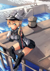 Rule 34 | 10s, 2girls, bismarck (kancolle), black legwear, blonde hair, blue eyes, breasts, dock, food, fu-ta, gloves, hand rest, hat, kantai collection, long hair, looking at viewer, medium breasts, military, military hat, military uniform, multiple girls, popsicle, prinz eugen (kancolle), sitting, skirt, solo focus, standing, thighhighs, uniform, white gloves
