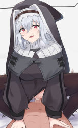 Rule 34 | 1boy, 1girl, :d, arknights, black capelet, black dress, black thighhighs, blush, breasts, breath, capelet, censored, clothed female nude male, clothed sex, commentary request, cowgirl position, dress, girl on top, habit, hair between eyes, hands on another&#039;s chest, hetero, highres, indoors, long hair, long sleeves, medium breasts, mosaic censoring, motion lines, multico, nude, nun, open mouth, partial commentary, penis, pussy juice, red eyes, sex, silver hair, smile, solo focus, specter (arknights), straddling, sweat, teeth, thighhighs, thighs, upper teeth only, veil