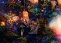 Rule 34 | 1girl, animal ears, bed, black skirt, blonde hair, blue footwear, cat girl, closed mouth, collar, commentary, crown, dot mouth, dress, highres, koyamanatsu, long skirt, long sleeves, mini crown, original, red eyes, scenery, skirt, socks, symbol-only commentary, thighhighs, vegetation, white dress, white socks