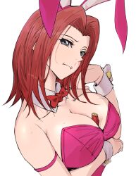 Rule 34 | 1girl, :t, animal ears, arm strap, bare shoulders, between breasts, blue eyes, bow, bowtie, breast hold, breasts, cleavage, clenched hand, closed mouth, code geass, commentary, detached collar, expressionless, fake animal ears, half-closed eyes, head tilt, highres, kouzuki kallen, large breasts, leotard, looking at viewer, neck, official alternate costume, pink arm strap, pink leotard, playboy bunny, rabbit ears, red bow, red bowtie, red hair, shan laotou, short hair, simple background, solo, strapless, strapless leotard, upper body, white background, wrist cuffs