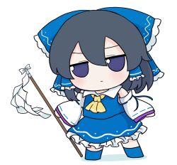 Rule 34 | 1girl, alternate color, black eyes, black hair, blue bow, blue shirt, blue skirt, bow, closed mouth, commentary, detached sleeves, frilled skirt, frills, full body, fumo (doll), gohei, hair bow, hair tubes, hakurei reimu, highres, holding, looking at viewer, player 2, rei (tonbo0430), shide, shirt, short hair, sidelocks, skirt, solo, standing, touhou