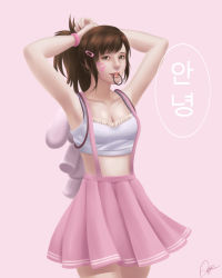 Rule 34 | 1girl, adrian romero, alternate costume, arms up, breasts, brown eyes, brown hair, casual, cleavage, collarbone, cowboy shot, crop top, d.va (overwatch), facepaint, facial mark, hair ornament, hair tie, hairclip, hands in hair, highres, korean text, lips, long hair, looking at viewer, mouth hold, nose, overwatch, overwatch 1, parted lips, pink background, pink lips, pink skirt, pleated skirt, shirt, short sleeves, signature, simple background, skirt, small breasts, smile, solo, speech bubble, suspender skirt, suspenders, swept bangs, translation request, tying hair, whisker markings, white shirt, wristband