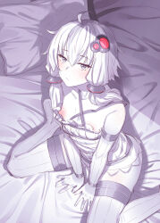 Rule 34 | 1girl, absurdres, ahoge, bare shoulders, bed, blush, breasts, collarbone, detached sleeves, dress, hair ornament, highres, ibuki notsu, long hair, looking at viewer, monochrome, nipple slip, nipples, on bed, pillow, ribbed dress, short dress, sidelocks, sitting, small breasts, solo, thighhighs, thighs, vocaloid, voiceroid, wariza, white hair, yuzuki yukari