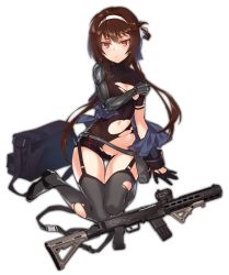 Rule 34 | &gt;:t, 1girl, :t, arm support, assault rifle, black footwear, black gloves, black thighhighs, breasts, brown hair, cleavage, covering privates, covering chest, cropped, full body, garter straps, girls&#039; frontline, gloves, gluteal fold, grey thighhighs, gun, hair ribbon, hairband, half gloves, leotard, long sleeves, mechanical arms, navel, nightmaremk2, off shoulder, one side up, orange eyes, pouch, ribbon, rifle, shoes, short hair with long locks, single mechanical arm, sitting, small breasts, solo, thigh gap, thighhighs, torn clothes, torn thighhighs, transparent background, turtleneck, type 79 (girls&#039; frontline), v-shaped eyebrows, wariza, weapon