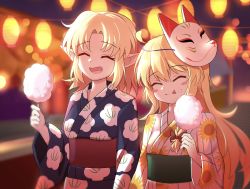 Rule 34 | 2girls, :p, blonde hair, breasts, brown sash, closed eyes, closed mouth, commentary request, cookie (touhou), cotton candy, festival, floral print, fox mask, green sash, highres, inabahitomi, japanese clothes, joker (cookie), kimono, kirisame marisa, lantern, long hair, mask, mask on head, mizuhashi parsee, multiple girls, obi, open mouth, paper lantern, parted bangs, pointy ears, print kimono, sash, short hair, small breasts, smile, sunflower print, suzu (cookie), tongue, tongue out, touhou, upper body, yukata