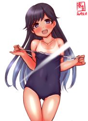 Rule 34 | 1girl, alternate costume, artist logo, black eyes, black hair, blue one-piece swimsuit, clothes pull, collarbone, commentary request, competition school swimsuit, convenient censoring, covered navel, cowboy shot, dated, flat chest, gluteal fold, gradient hair, grey hair, highres, i-400 (kancolle), kanon (kurogane knights), kantai collection, light censor, light rays, long hair, looking at viewer, multicolored hair, one-piece swimsuit, one-piece swimsuit pull, open mouth, revision, school swimsuit, simple background, smile, solo, standing, swimsuit, teeth, thigh gap, upper teeth only, white background