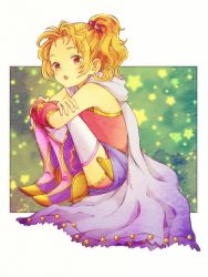 Rule 34 | 1girl, blonde hair, blush, brown eyes, cape, commentary request, dissidia final fantasy, dissidia final fantasy opera omnia, dress, final fantasy, final fantasy v, hair ornament, ichi (pixiv6373491), krile mayer baldesion (ff5), looking at viewer, medium hair, open mouth, ponytail, solo, thighhighs