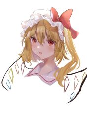 Rule 34 | 1girl, :d, blonde hair, bow, commentary request, cropped shoulders, crystal, fang, flandre scarlet, hair between eyes, hat, hat bow, highres, long hair, looking at viewer, mob cap, one side up, open mouth, red bow, short hair, simple background, skin fang, smile, solo, touhou, tsukishiro, white background, wings