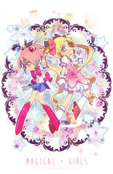 Rule 34 | 2girls, bishoujo senshi sailor moon, blonde hair, blue eyes, blue sailor collar, blue skirt, blush, boots, bow, brooch, cosplay, costume switch, double bun, earrings, elbow gloves, full body, gloves, hair bun, highres, jewelry, kaname madoka, kaname madoka (cosplay), knee boots, kneehighs, long hair, magical girl, mahou shoujo madoka magica, mahou shoujo madoka magica (anime), multicolored background, multiple girls, pink bow, pink eyes, pink hair, poiizu, red bow, ribbon, sailor collar, sailor moon, sailor moon (cosplay), shoes, short hair, skirt, socks, star (symbol), trait connection, tsukino usagi, twintails, white gloves, white legwear