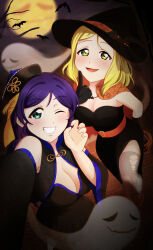 Rule 34 | absurdres, aqua eyes, blonde hair, breasts, halloween, highres, jujl 1127, large breasts, looking at viewer, love live!, love live! sunshine!!, low twintails, ohara mari, open mouth, purple hair, smile, tojo nozomi, twintails, yellow eyes