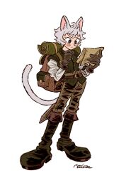 Rule 34 | 1girl, ahoge, animal ears, backpack, bag, belt, black eyes, blush stickers, cat ears, cat girl, cat tail, closed mouth, curly hair, full body, gloves, grey hair, hand up, holding, holding paper, layered sleeves, long sleeves, milsae, multiple belts, original, paper, short hair, short over long sleeves, short sleeves, signature, simple background, solo, standing, tail, thinking, white background