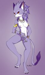 Rule 34 | 1girl, absurdres, alternate form, animal ears, armlet, bracelet, breasts, cat ears, cat girl, cat tail, claws, colored sclera, earrings, furry, highres, isabella (seiken densetsu 3), jewelry, necklace, nipples, purple fur, purple hair, pussy, red sclera, ring, seiken densetsu, seiken densetsu 3, signature, slit pupils, tail, vecnarvi