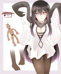 Rule 34 | 1girl, absurdres, bandaged arm, bandaged hand, bandages, black hair, black scarf, breasts, brown pantyhose, cleavage, closed mouth, clothing cutout, dress, expressionless, gradient hair, grey eyes, hair between eyes, highres, long hair, long sleeves, looking at viewer, medium breasts, multicolored hair, navel, navel cutout, ninja, no shoes, non (wednesday-classic), original, pantyhose, purple background, purple hair, scarf, two-tone background, very long hair, voodoo doll, white background, white dress, wide sleeves