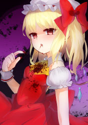 Rule 34 | 1girl, ascot, bad id, bad pixiv id, blonde hair, blood, blood in mouth, blood on clothes, crystal, dress, eating, female focus, flandre scarlet, hat, hat ribbon, highres, open mouth, puffy sleeves, red eyes, ribbon, short hair, side ponytail, solo, tamaki (more-bear), touhou, wings