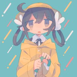 Rule 34 | 1girl, :o, ahoge, black hair, blue eyes, daizu (melon-lemon), dot nose, hair ornament, hair rings, hands up, hat, holding, holding umbrella, long sleeves, looking at viewer, open mouth, original, rabbit hair ornament, raincoat, simple background, solo, tareme, tears, umbrella, upper body, wing collar, yellow hat