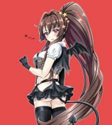 Rule 34 | 1girl, alternate costume, artist name, ass, black gloves, black thighhighs, blush, breasts, brown eyes, brown hair, cowboy shot, dated, demon tail, demon wings, gloves, hair between eyes, highres, kantai collection, large breasts, long hair, open mouth, ponytail, puffy short sleeves, puffy sleeves, red background, shirt, short sleeves, signature, simple background, solo, tail, thighhighs, tk8d32, white shirt, wings, yamato (kancolle)