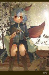 Rule 34 | 1girl, absurdres, blue hair, book, boots, cross-laced footwear, highres, holding, holding book, horns, knee boots, lace-up boots, long sleeves, penglai tea, reading, short hair, signature, sitting, solo, tokiko (touhou), touhou, tree, wide sleeves, yellow eyes