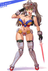 Rule 34 | 1girl, ahoge, amania orz, armor, bikini armor, black gloves, breasts, brown hair, character request, cleavage, copyright request, dated, full body, gloves, green eyes, gundam, hair between eyes, hair ornament, hairclip, highres, homage, large breasts, long hair, mobile suit gundam, navel, open mouth, rx-78-2, salute, shadow, simple background, smile, solo, standing, star (symbol), twintails, white background