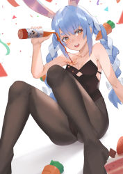 Rule 34 | 1girl, absurdres, animal ear fluff, animal ears, arm support, bad id, bad pixiv id, bare shoulders, black leotard, blue hair, bottle, bow, braid, breasts, cake, cameltoe, carrot hair ornament, cleavage, collarbone, commentary request, confetti, dutch angle, extra ears, eyebrows hidden by hair, feet out of frame, food, food-themed hair ornament, foreshortening, fruit, hair bow, hair ornament, highres, holding, holding bottle, hololive, jmao, knees up, leotard, long hair, looking at viewer, multicolored hair, open mouth, orange eyes, pantyhose, playboy bunny, pouring, pouring onto self, rabbit-shaped pupils, rabbit ears, rabbit girl, sidelocks, silver hair, simple background, sitting, small breasts, solo, strawberry, symbol-shaped pupils, teeth, twin braids, twintails, two-tone hair, upper teeth only, usada pekora, usada pekora (1st costume), very long hair, virtual youtuber, white background, white bow