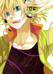 Rule 34 | 1boy, :p, aqua eyes, blonde hair, blue eyes, clothes, headphones, highres, kagamine len, male focus, short hair, smile, solo, teeth, tongue, tongue out, vocaloid, white background, yamako (state of children)