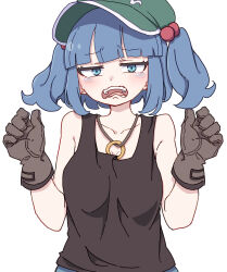 Rule 34 | 1girl, absurdres, black gloves, black tank top, blue eyes, blue hair, blush, collarbone, flat cap, gloves, green hat, hair bobbles, hair ornament, hat, highres, kame (kamepan44231), kawashiro nitori, key, one-hour drawing challenge, open mouth, short hair, simple background, solo, tank top, tears, touhou, upper body, white background